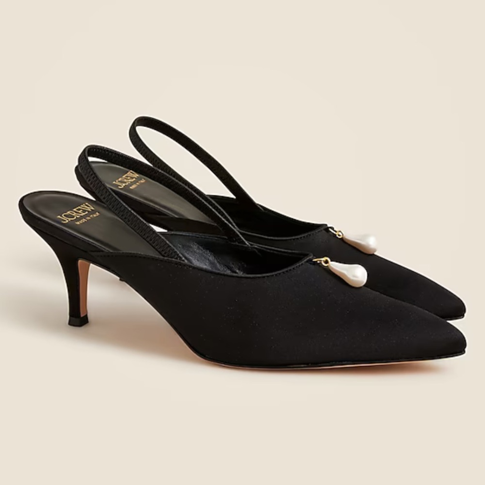 New! J.Crew Made-in-Italy Colette satin slingback heels with pearls. Size 7